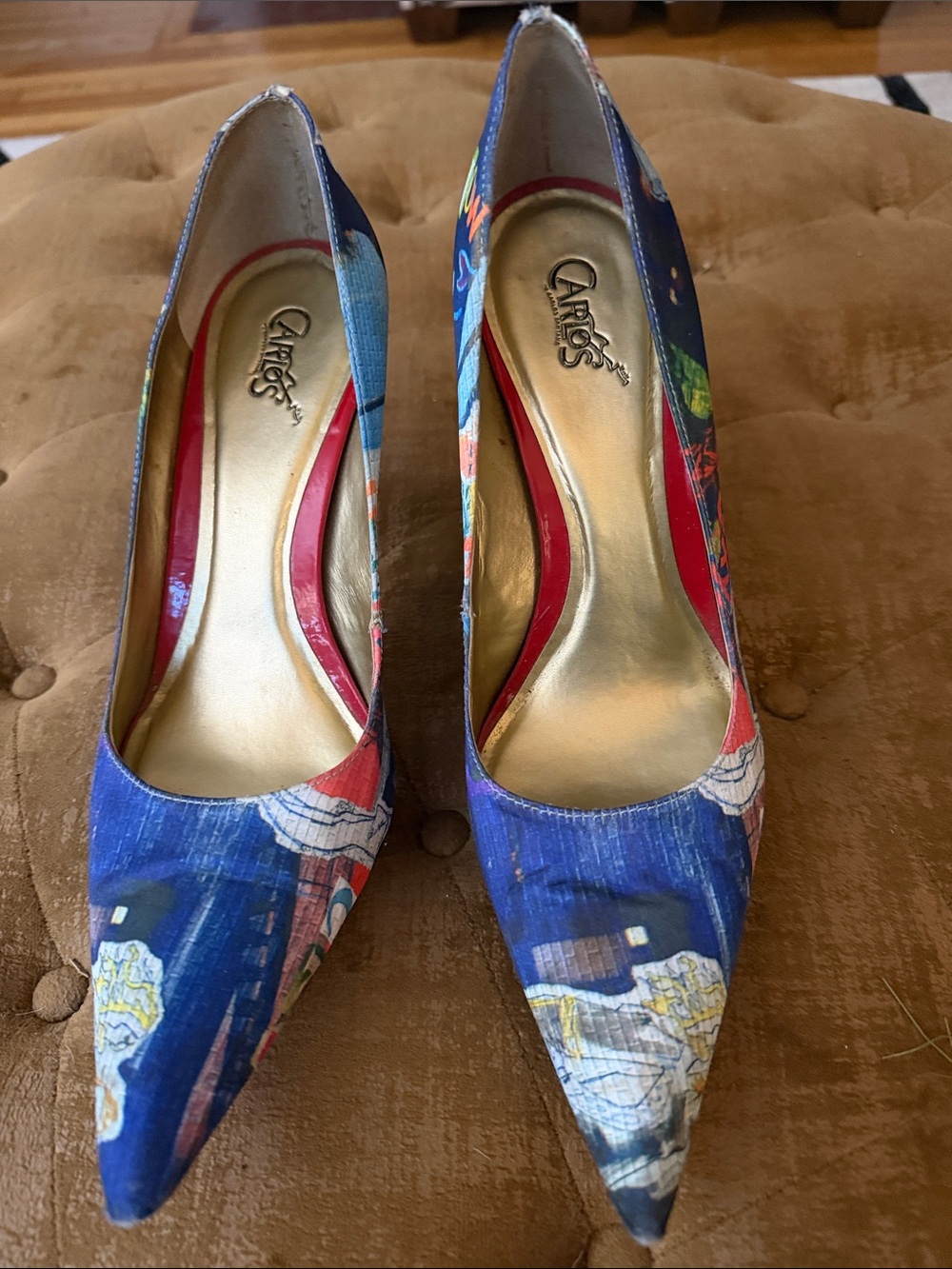 Carlos by Carlos Santana Blue Floral Pointed-Toe Pumps with Gold Insole